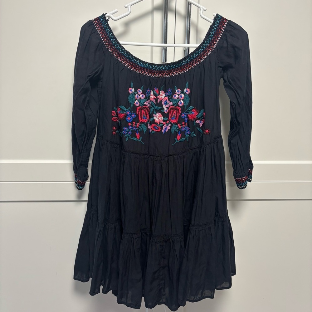 Free People Sunbeams black floral embroidered off-the-shoulder mini dress M boho